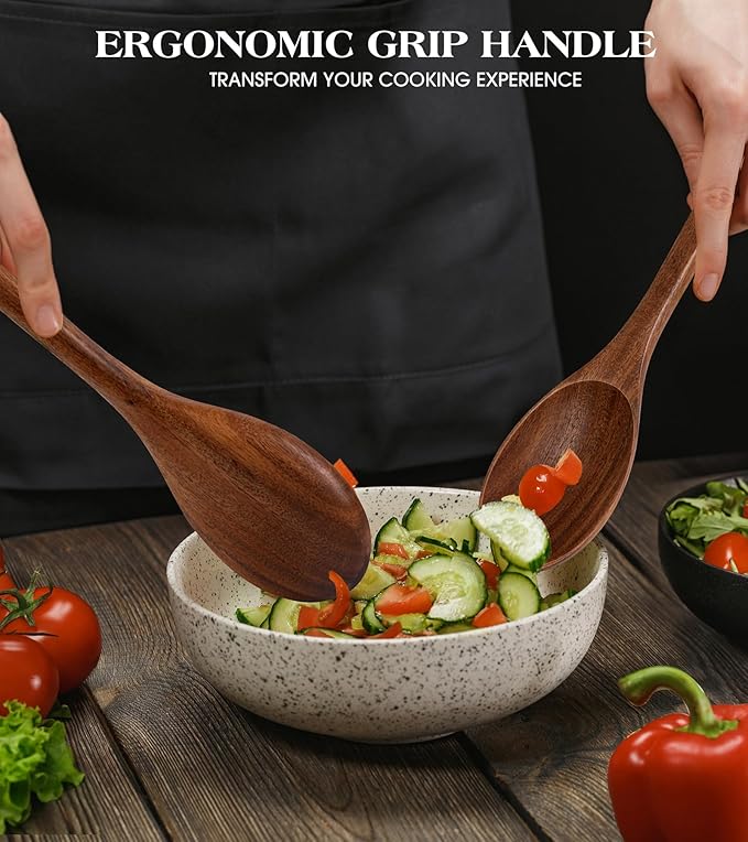 2PCS Wooden Spoons for Cooking, Natural Acacia Wood Cooking Spoons, Large Serving Spoons for Nonstick Cookware, Heat Resistant Durable Wooden Kitchen Utensils for Mixing Salad, Serving and Stirring - Image 4