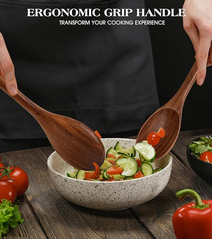 2PCS Wooden Spoons for Cooking, Natural Acacia Wood Cooking Spoons, Large Serving Spoons for Nonstick Cookware, Heat Resistant Durable Wooden Kitchen Utensils for Mixing Salad, Serving and Stirring - Image 4