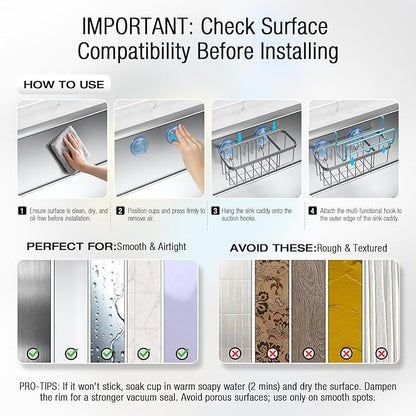 3-in-1 Kitchen Sink Caddy Organizer with Sponge Holder, Brush Holder, Extra Rack for Scrubber, Sink Stopper, Dish Cloth Hanger - Strong Dual Suction Cup, 2.0mm SUS304 Stainless Steel - Silver