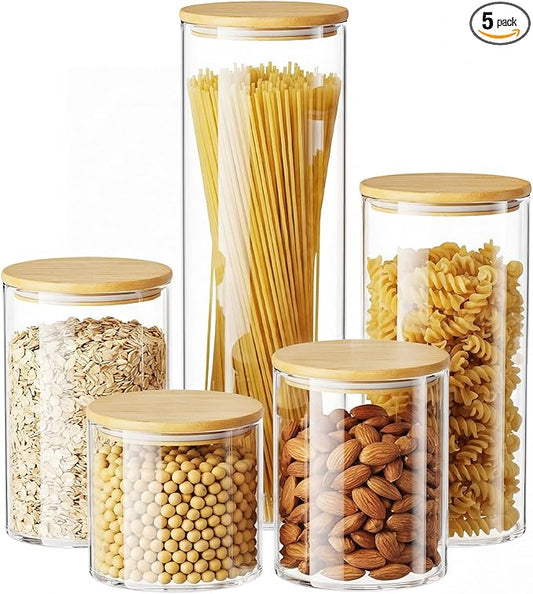 OneDream Glass Container - 5 Pack MultiSize Glass Jars with Bamboo Lid, Bamboo Lid Storage Jar Canister for Coffee Beans, Cereal, Pasta, Flour, Tea, Nuts, Candy, Salts and More by OneDream