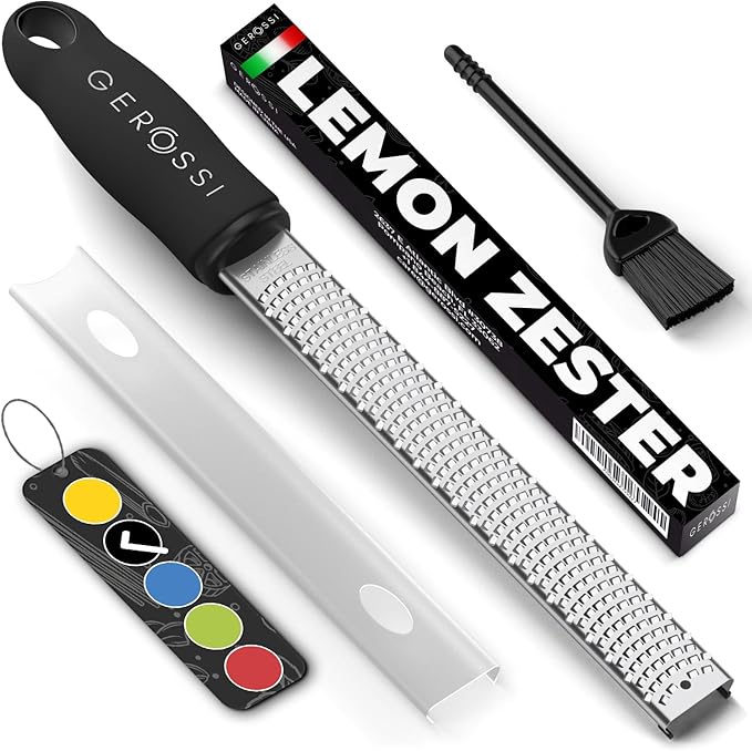 Stainless Steel Cheese Grater & Lemon Zester w/Extra Sharp Blade - Perfect for Lemon, Parmesan, Garlic, Chocolate - Spice Up any Dish in Seconds w/Your Premium Citrus Hand Grater with Handle - Black by GEROSSI