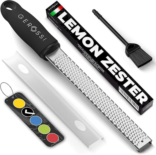 Stainless Steel Cheese Grater & Lemon Zester w/Extra Sharp Blade - Perfect for Lemon, Parmesan, Garlic, Chocolate - Spice Up any Dish in Seconds w/Your Premium Citrus Hand Grater with Handle - Black by GEROSSI