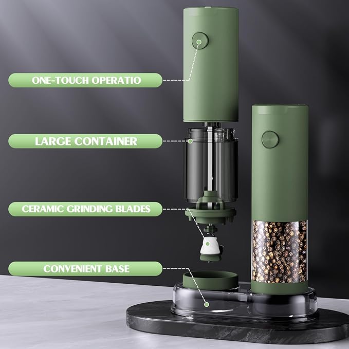 Salt and Pepper Grinder Set Mom Gifts, Electric Automatic Green Salt Pepper Shakers Home Kitchen Gadgets for New Home, Adjustable Coarseness Pepper Grinder Kitchen Appliances - Image 7