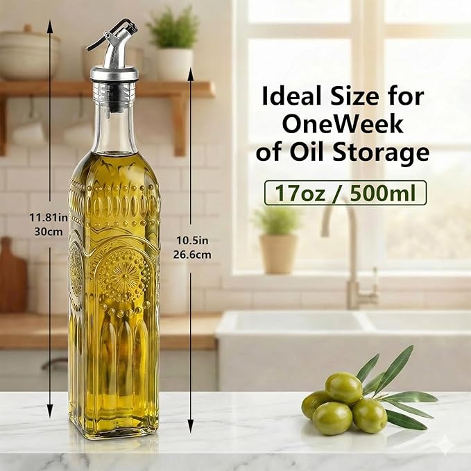 WERTIOO 4 Pack Olive Oil Dispenser Bottle for Kitchen,17oz Clear Glass Cooking Olive Oil and Vinegar Dispenser with Funnel, Delicately Engraved Glass Bottles for Kitchen - Image 2