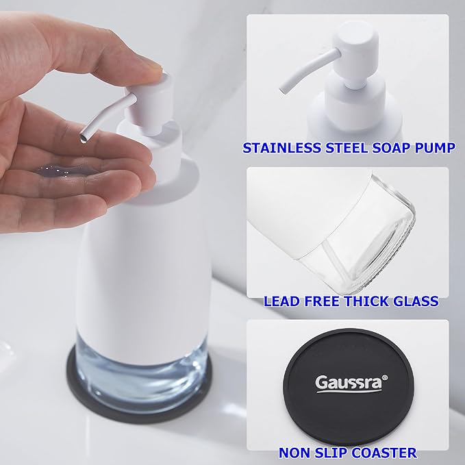Gaussra White Soap Dispenser with Coaster and Stickers, Stainless Steel and Glass Bottle Hand Pump Dispenser, Refillable Liquid Hand Soap Dispenser for Bathroom & Kitchen (11OZ / 320ML) - Image 4