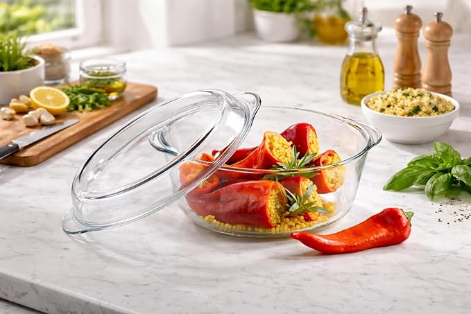 Ums 2.2 Quart Glass Casserole Dish with Lid, Round Glass Baking Dishes for Oven with Lid, Round Covered Casserole Dish, Microwave and Dishwasher Safe Clear Bakeware