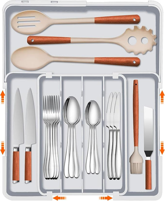 Spaclear Expandable Silverware Drawer Organizer - 7 Compartments BPA-Free Kitchen Utensil Tray, Adjustable 12.6”×9.5" to 19"×15.2", Cutlery Drawer Organizer, Gray