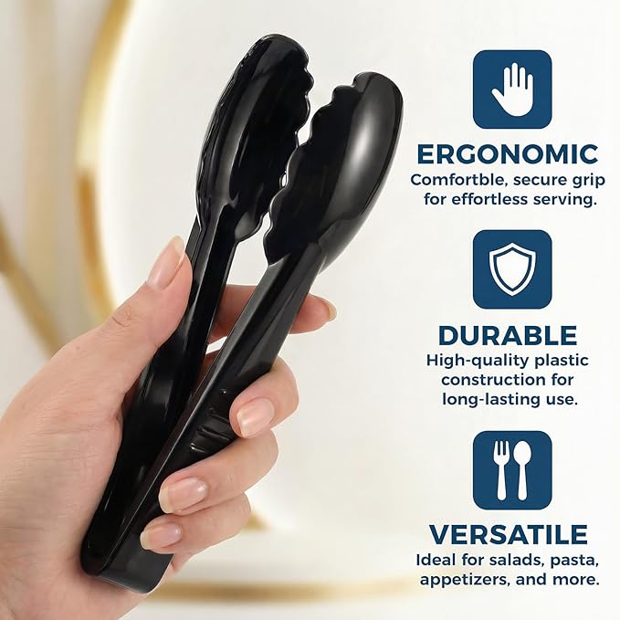 24 Pack Plastic Tongs for Serving, 9 Inch Disposable & Reusable Food Tongs with Scalloped Tips, Heavy Duty for BBQ, Catering, Buffet, Parties, Bulk Food Service (Black)