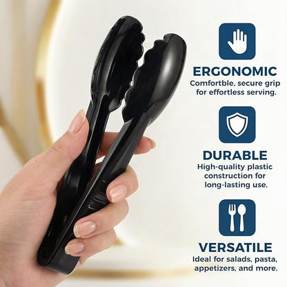 24 Pack Plastic Tongs for Serving, 9 Inch Disposable & Reusable Food Tongs with Scalloped Tips, Heavy Duty for BBQ, Catering, Buffet, Parties, Bulk Food Service (Black)