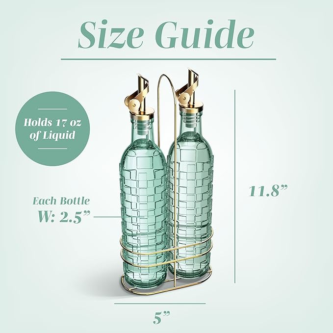 COOK WITH COLOR Glass Olive Oil Bottle Dispenser - 2 Pack- 17oz Oil and Vinegar Cruet - Olive Oil Carafe Decanter for Kitchen, Checkered, Green - Image 5