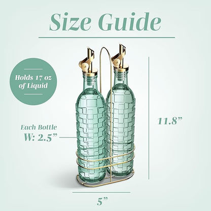 COOK WITH COLOR Glass Olive Oil Bottle Dispenser - 2 Pack- 17oz Oil and Vinegar Cruet - Olive Oil Carafe Decanter for Kitchen, Checkered, Green - Image 5