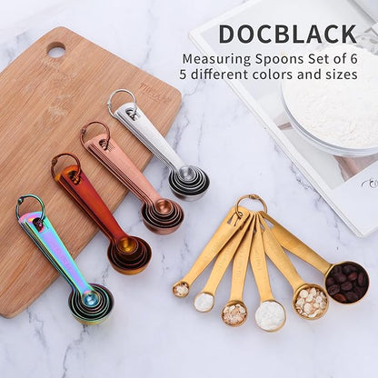 DOCBLACK Measuring Spoons, Heavy Duty 18/8 Stainless Steel Cue Measuring Spoons Set, Set of 6 for Measuring Dry and Liquid Ingredients - Rainbow