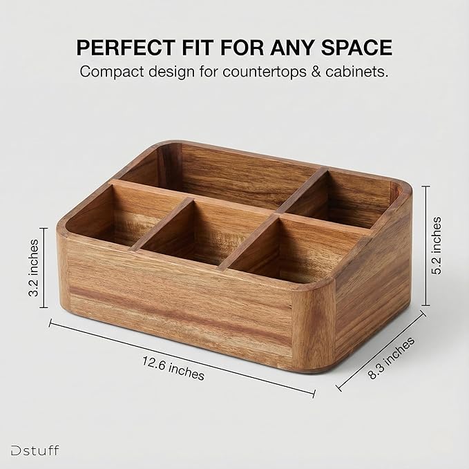 Dstuff Acacia Wood Coffee Station Organizer for Countertop, Tea Organizer and Holder, Coffee Bar Caddy with Multiple Compartments for Home and Office Decor - Image 2