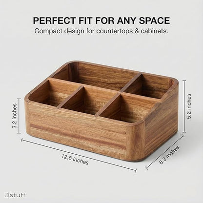 Dstuff Acacia Wood Coffee Station Organizer for Countertop, Tea Organizer and Holder, Coffee Bar Caddy with Multiple Compartments for Home and Office Decor - Image 2