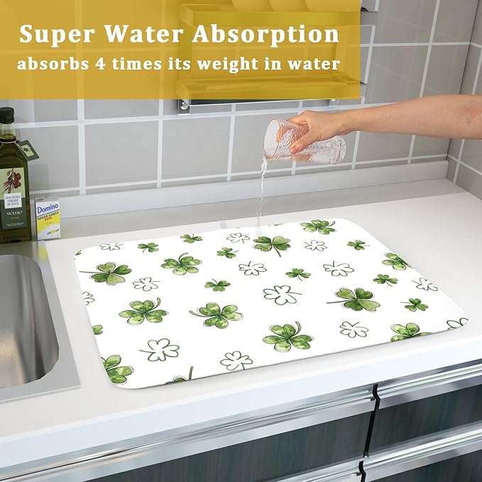 St Patricks Day Dish Drying Mat for Kitchen Counter Cute Shamrocks Holiday Microfiber Absorbent Dish Draining Reusable Washable Foldable Extra Large 18"x24" - Image 7