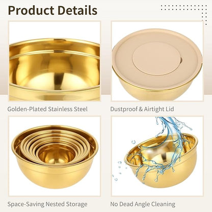 20 PCS Gold Mixing Bowls with Lids Set - 7 Mixing Bowls with 3 Graters, 8 Measuring Spoons, 1 Whisk, and 1 Food Tong, Nesting Bowl Set for Baking, Cooking, Meal Prep - Image 3
