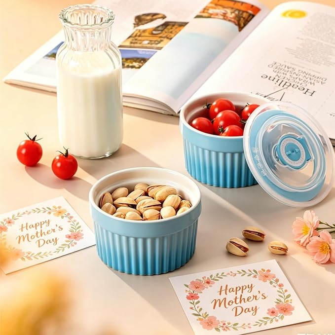 vancasso 6 oz Ramekins with Lid, Porcelain Creme Brulee Souffle Dishes, Blue Pudding Custard Cups Ramiken for Baking, Dishwasher and Oven Safe, Set of 6 - Image 3