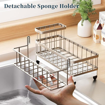 Consumest Sponge Holder for Kitchen Sink - Auto Draining Sink Caddy Organizer with Detachable Rack, High Brush Holder, Kitchen Countertop Storage Accessories, Sand Nickel - Image 4