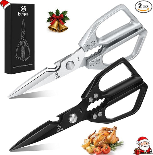 Kitchen Scissors Set - Heavy Duty Japanese Style, Dishwasher Safe, All Purpose Meat Cutting Shears, Sharp Food Scissors for Chicken Bones, Turkey, Fish & Vegetables by Ethyxe