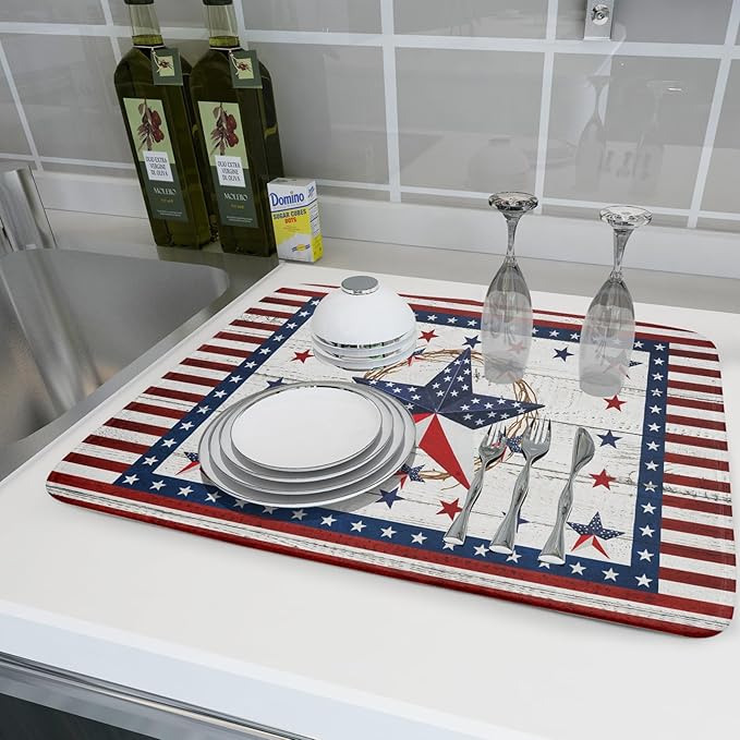 Giwawa Patriotic Stars Dish Drying Mat 4th of July America Star Wreath Dish Drainer Mats for Kitchen Countertop 18"x24" Rustic Independence Day Reversible Dish Drying Pad Large Decor