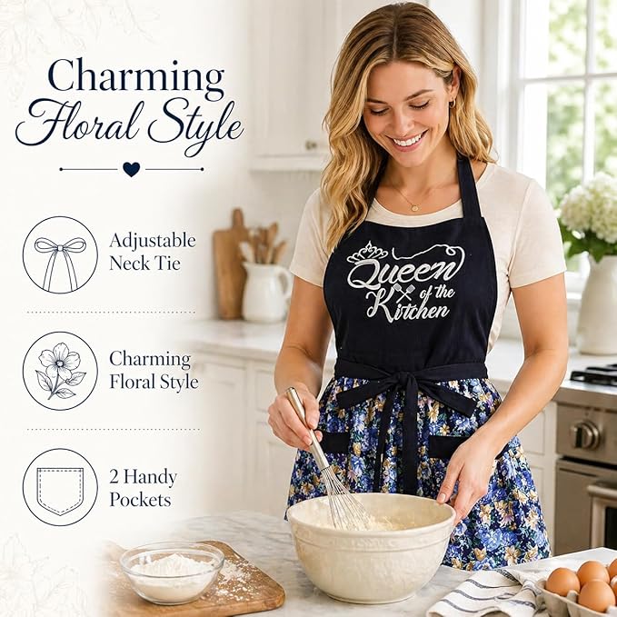 Cute Floral Aprons for Women with Pockets,Cotton Adjustable Neck Strap Apron for Kitchen Cooking Baking Gardening