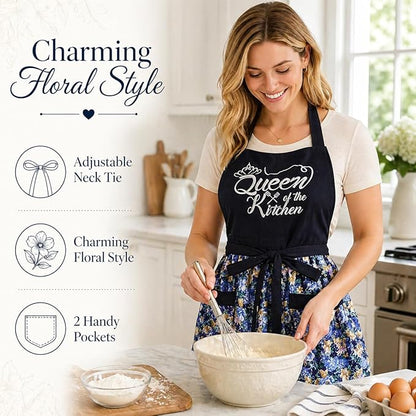 Cute Floral Aprons for Women with Pockets,Cotton Adjustable Neck Strap Apron for Kitchen Cooking Baking Gardening