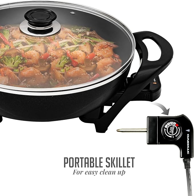 OVENTE Electric Wok with Nonstick Coating, 13 Inch Family-Sized Skillet, 1400W Power, Adjustable Temperature, Tempered Glass Lid, Cool Touch Handles and Easy to Clean Frying Surface, Black SK3113B - Image 7