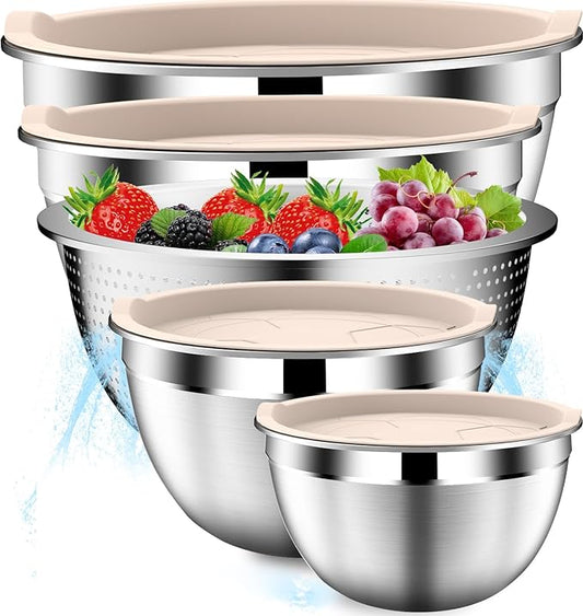 DUTZUN Stainles Steel Mixing Bowls with Lids Set, Stackable Metal Mixing & Serving Bowl with Strainer, 5-Piece - Beige by DUTZUN