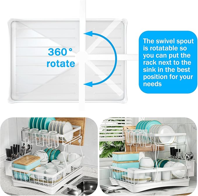 7 code Large Dish Drying Rack, 2-Tier Dish Racks for Kitchen Counter, Detachable Large Capacity Dish Drainer Organizer with Utensil Holder, Dish Drying Rack with Drain Board, White - Image 2