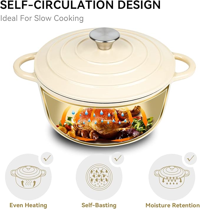 Miereirl 4.5 Quart Enameled Dutch Oven Pot with Lid, Cast Iron Dutch Oven with Dual Handles for Bread Baking, Cooking, Non-stick Enamel Coated Cookware (Beige) - Image 2