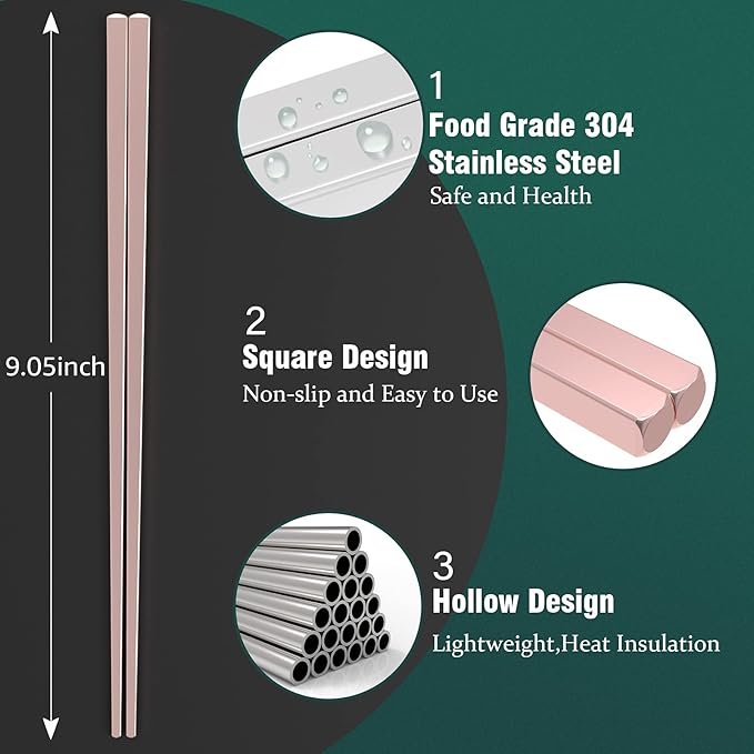 GLAMFIELDS Metal Chopsticks Reusable Chopsticks Dishwasher Safe Multipack Stainless Steel Japanese Style 5 Pairs Lightweight Chop Sticks Gift Set - Image 2