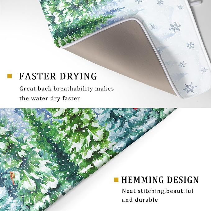 Winter Forest Dish Drying Mats - Snowflake Birds Dish Drainer Mat 18x24 Welcome Christmas Dish Draining Mat Watercolor Wildlife Tree Drying Pad for Kitchen Counter Sink - Image 3