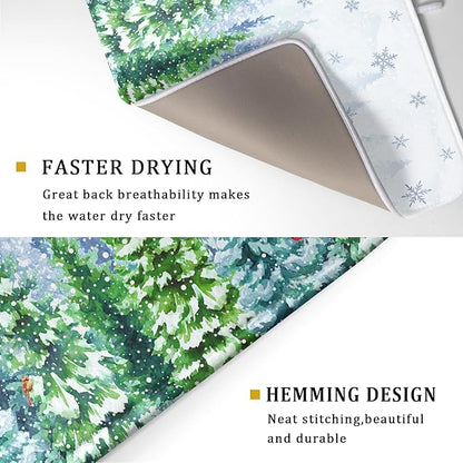 Winter Forest Dish Drying Mats - Snowflake Birds Dish Drainer Mat 18x24 Welcome Christmas Dish Draining Mat Watercolor Wildlife Tree Drying Pad for Kitchen Counter Sink - Image 3