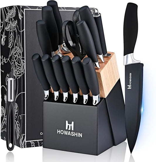 Black Knife Set, Howashin 15 Pieces Knife Sets for Kitchen with Block, Dishwasher Safe Kitchen Knife Set with Sharpener, German Stainless Steel Black Knife Block Set