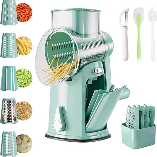 The CoveCarol rotary cheese grater comes with 5 blades and 3 tools: a round mandolin slicer and a food shredder. Suitable for fruits, vegetables, nuts, etc., it includes a blade storage box. (Green)