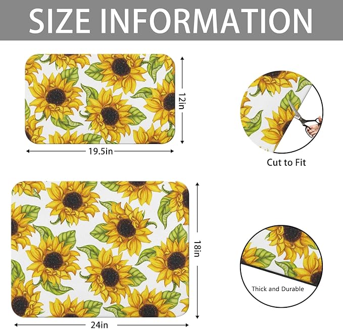 Dish Drying Mat for Kitchen Counter 2 Pack with Non-Slip Rubber Backing - Heat-Resistant Absorbent Coffee Bar Mat, Dish Rack Mat, Sunflower Dish Drying Mats 18x24+19.5x12 inch