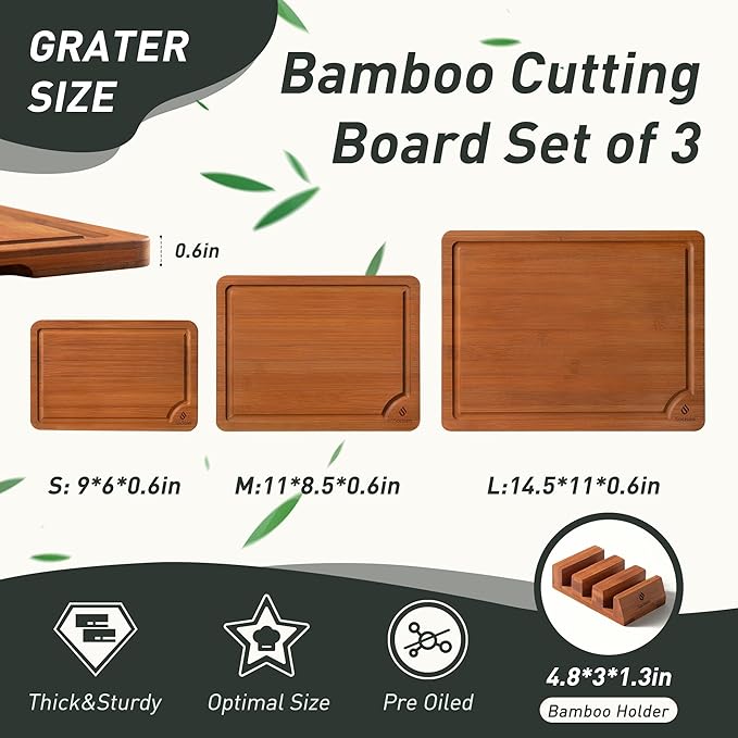 3 Packs Bamboo Cutting Board Set with Non Slip Feet Holder and Over Sink Nice Solid Thick Wood Juice Groove Chopping Board Extra Large Big Small Best Hardwood Kitchen Organic Vegetable Meat BBQ Kit - Image 2