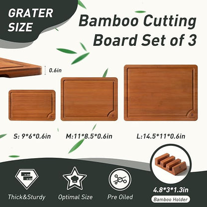 3 Packs Bamboo Cutting Board Set with Non Slip Feet Holder and Over Sink Nice Solid Thick Wood Juice Groove Chopping Board Extra Large Big Small Best Hardwood Kitchen Organic Vegetable Meat BBQ Kit - Image 2