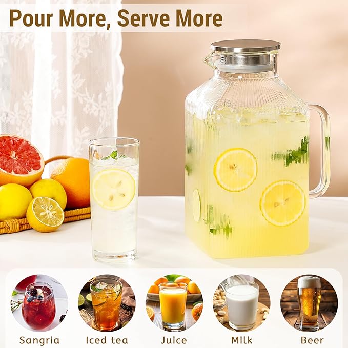 1 Gallon thickened Square Glass Pitcher with Lid, Classic Stripes Water Pitchers for Fridge, Borosilicate Glass Carafe for Hot/Cold Brew Drink, Extra Large Jug with Handle for Iced Tea, Coffee, Juice - Image 2