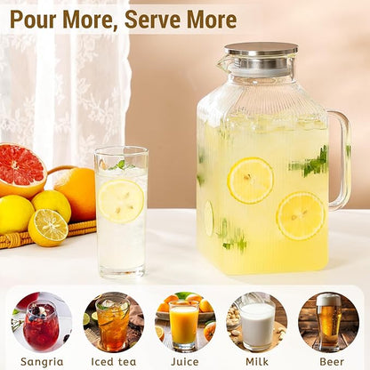 1 Gallon thickened Square Glass Pitcher with Lid, Classic Stripes Water Pitchers for Fridge, Borosilicate Glass Carafe for Hot/Cold Brew Drink, Extra Large Jug with Handle for Iced Tea, Coffee, Juice - Image 2