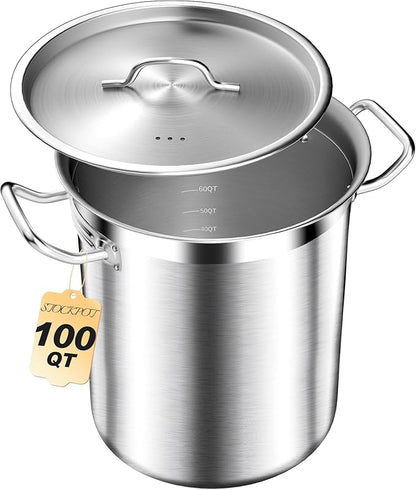 STOCKPOT Extra-Large Stainless Steel Stock Pot – Commercial Heavy Duty Soup Pot with Lid, 3-Ply Base for Fast Heating, Ideal for Seafood Boils and Outdoor Cooking - 100 Quart