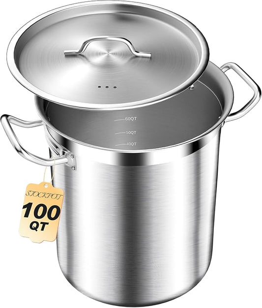 STOCKPOT Extra-Large Stainless Steel Stock Pot – Commercial Heavy Duty Soup Pot with Lid, 3-Ply Base for Fast Heating, Ideal for Seafood Boils and Outdoor Cooking - 100 Quart