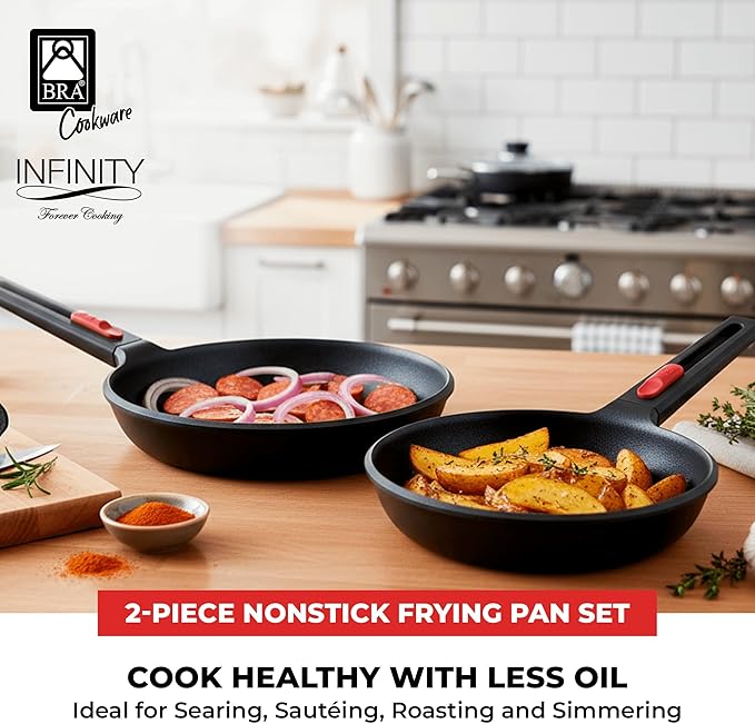 BRA COOKWARE Infinity 2-Piece Nonstick Frying Pan Set | 8 & 10.2 Inch Cast Aluminum Skillet Set | Removable Handle | PFOA/PFAS Free Fry Pans | All Cooktops incl. Induction | Oven Safe Skillets