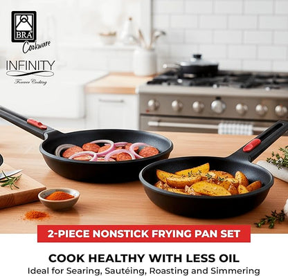 BRA COOKWARE Infinity 2-Piece Nonstick Frying Pan Set | 8 & 10.2 Inch Cast Aluminum Skillet Set | Removable Handle | PFOA/PFAS Free Fry Pans | All Cooktops incl. Induction | Oven Safe Skillets