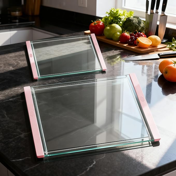 Tempered Glass Cutting Board Set for Kitchen Counter - Dishwasher Safe with Juice Grooves, Non-Slip Silicone Edges & Beveled Grip - 16"x12" & 12"x8" Serving Tray - Pink
