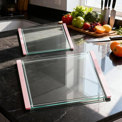 Tempered Glass Cutting Board Set for Kitchen Counter - Dishwasher Safe with Juice Grooves, Non-Slip Silicone Edges & Beveled Grip - 16"x12" & 12"x8" Serving Tray - Pink