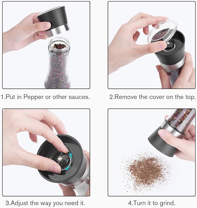 Hotder Premium Pepper and Salt Grinder Set of 2-Refillable Coarseness Adjustable Pepper Mill Shaker with Glass Body for Home,Kitchen(Two Pack) - Image 6