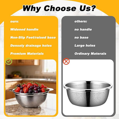 3 Pcs Stainless Steel Colander Strainer Set Metal Colander for Kitchen Pasta Strainer for Rice Food Fruits Spaghetti Vegetables (2QT, 3QT, 5QT) - Image 7