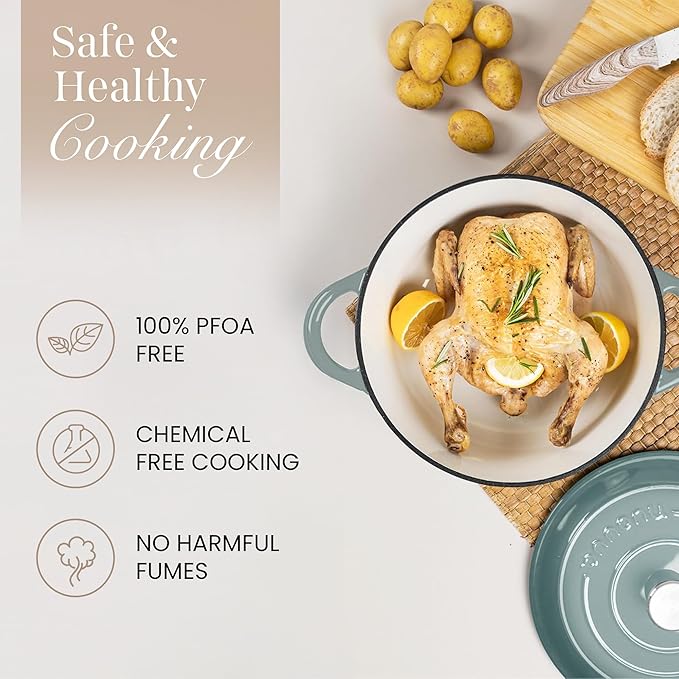 Nuovva Enamelled Cast Iron Dutch Oven Pot with Lid 6.4 Quart Non Stick Casserole Pot – Heavy Duty & Oven Safe up to 500° F for Bread Baking, Braising, Stews, Roasting – 28cm Sea Salt - Image 4