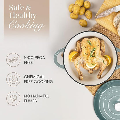 Nuovva Enamelled Cast Iron Dutch Oven Pot with Lid 6.4 Quart Non Stick Casserole Pot – Heavy Duty & Oven Safe up to 500° F for Bread Baking, Braising, Stews, Roasting – 28cm Sea Salt - Image 4